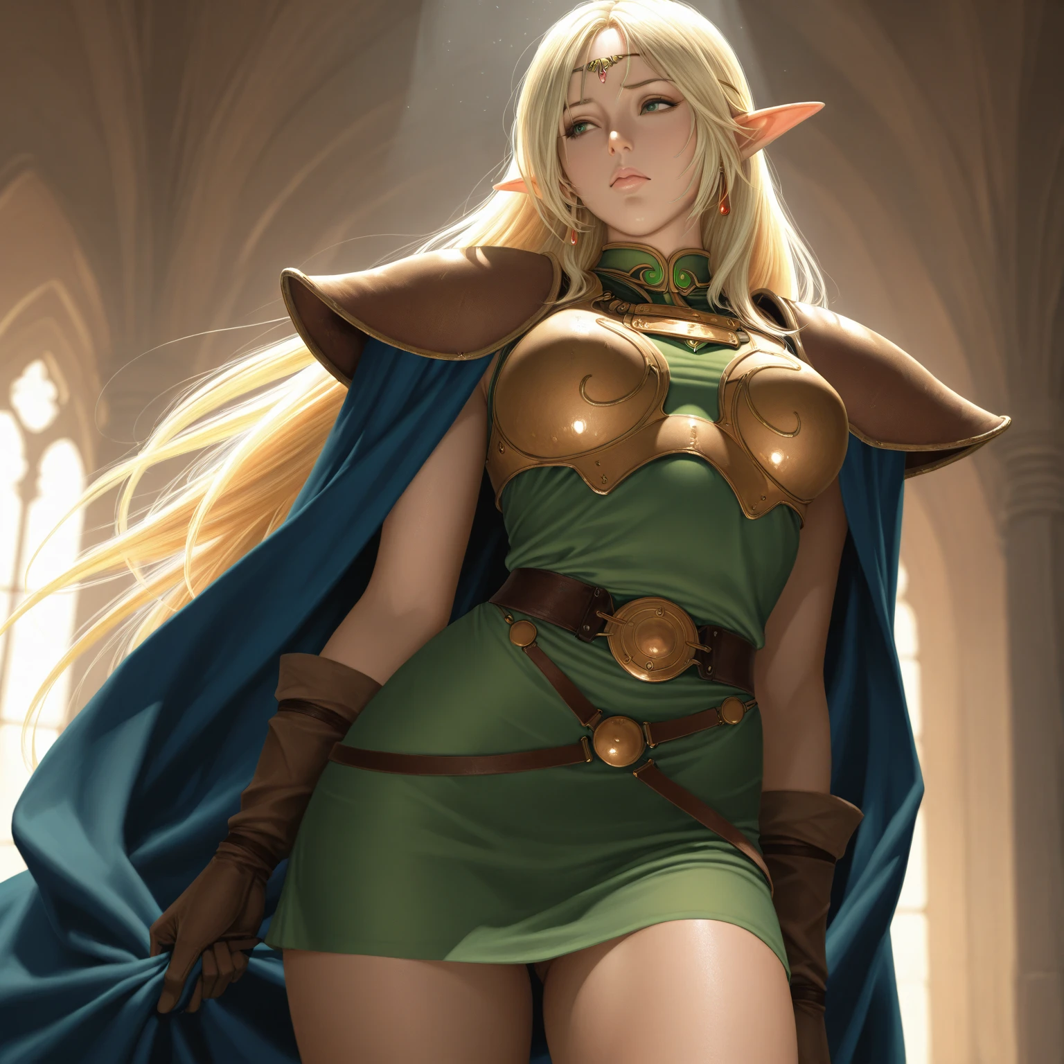 (highest quality,Super detailed,Realistic:1.37), nsfw, nude, (full body:1.5), wide shot, blush:1.4, Beautiful Elf Girl,Detailed face and eyes,Huge breasted women,Ecstatic expression:1.5, ,whole body,Gold Armor,Vibrant colors,Realistic lighting,Background with large machinery,Fantasy,