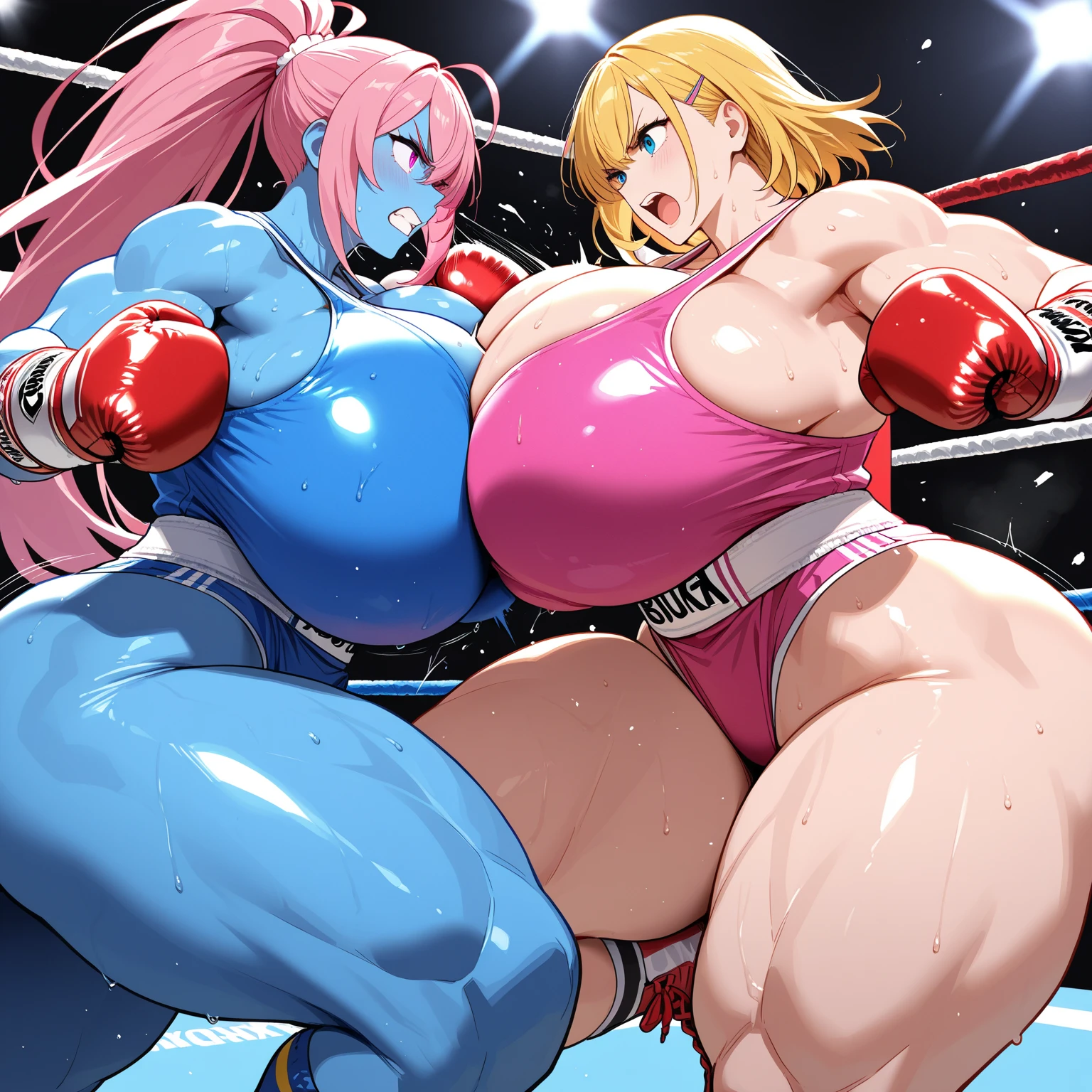 NSFW, cheetah in a wrestling ring, both are fit with large breasts, bimbos, wearing a string thongs, boots, sultry face , topless, massive big breasts