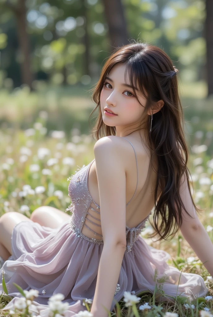 (8k, RAW photo, photorealistic:1.25) ,High quality graphics,masterpiece,Bokeh,close-up,Dynamic Poses,portrait,a young girl,Innocent eyes,Perfect facial details, red face, flowing wavy hairstyle,long hair,black hair,White tulle dress,Transparent texture,lace,breasts,nipples,Off the shoulders,Backless outfit,haunches,Thigh root,shiny oiled skin,yellow garden,lawn