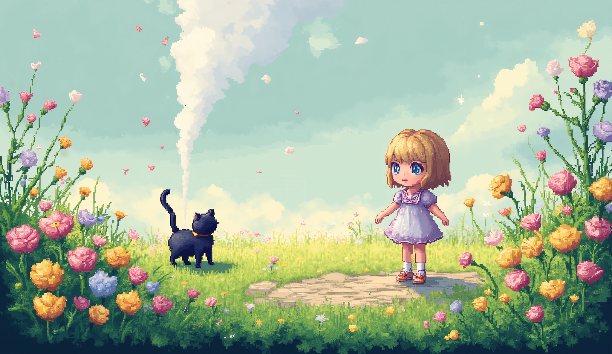a girl in a field of flowers with a black cat in her shoulder, 3D pixel art 4K wallpaper. Incredible pixel art detail. Pixel art. Steam waves. Detailed Unreal Engine pixel art