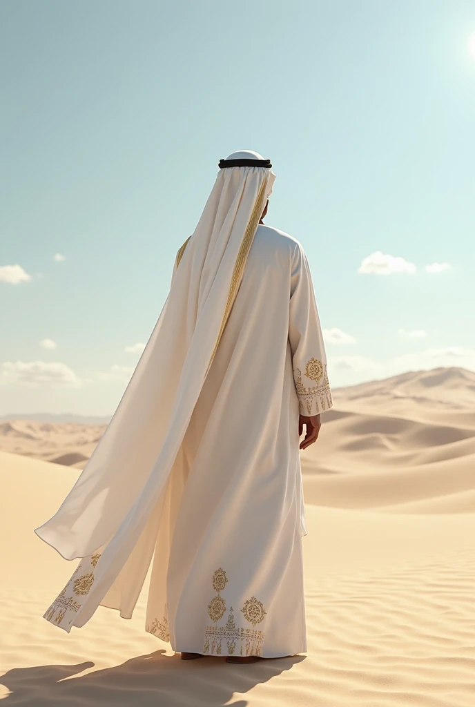 Messi in a desert wearing white dress like a Arabic.