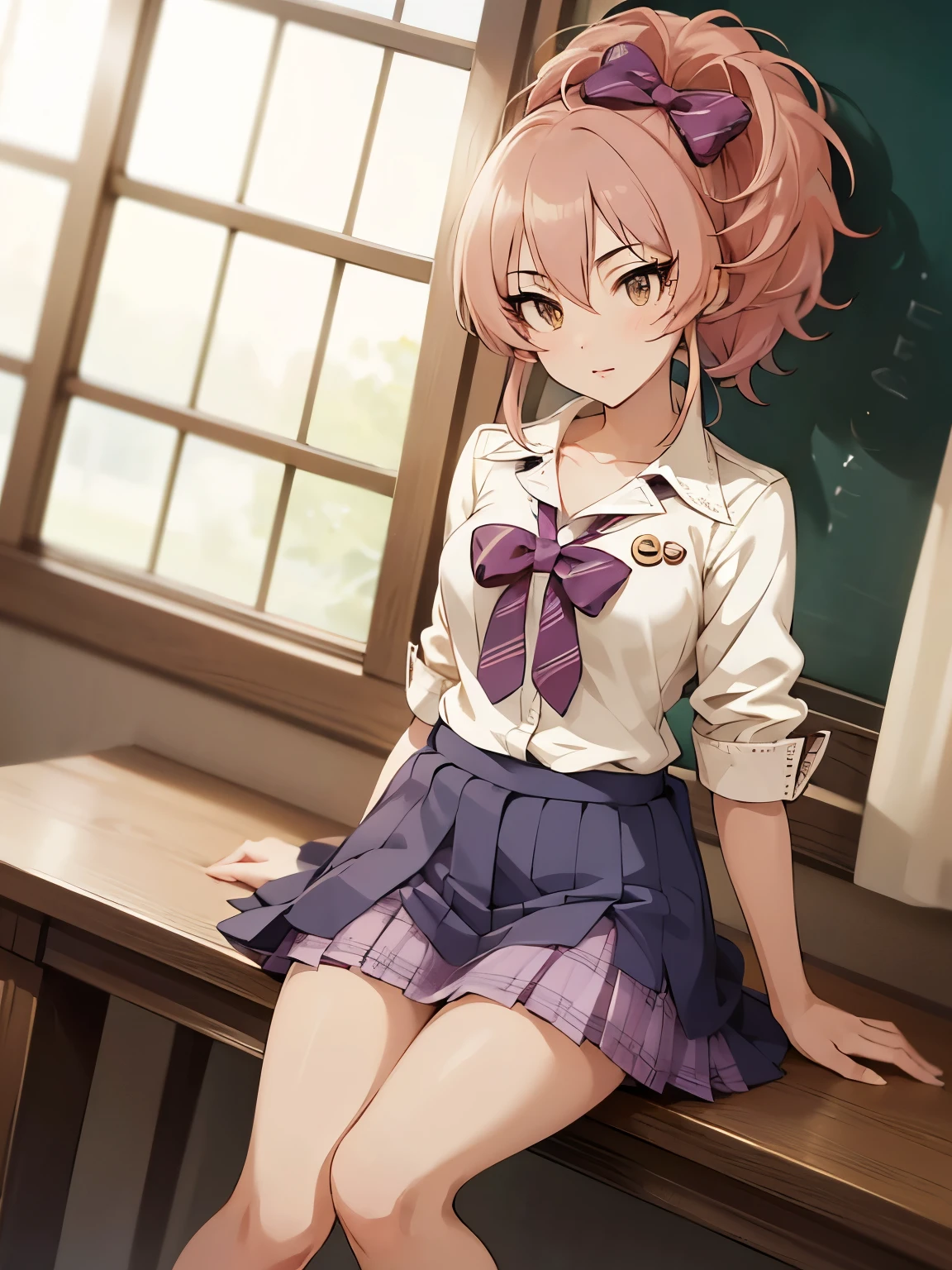 masterpiece, best quality, highres, aamika, ponytail, hair bow, collarbone, school uniform, striped, bowtie, collared shirt, white shirt, sleeves rolled up, wrist scrunchie,, clothes around waist, plaid skirt, purple skirt, <lora:jougasaki_mika_v1:0.7>, expressionless, sitting, bench, park, outdoors, crossed legs,