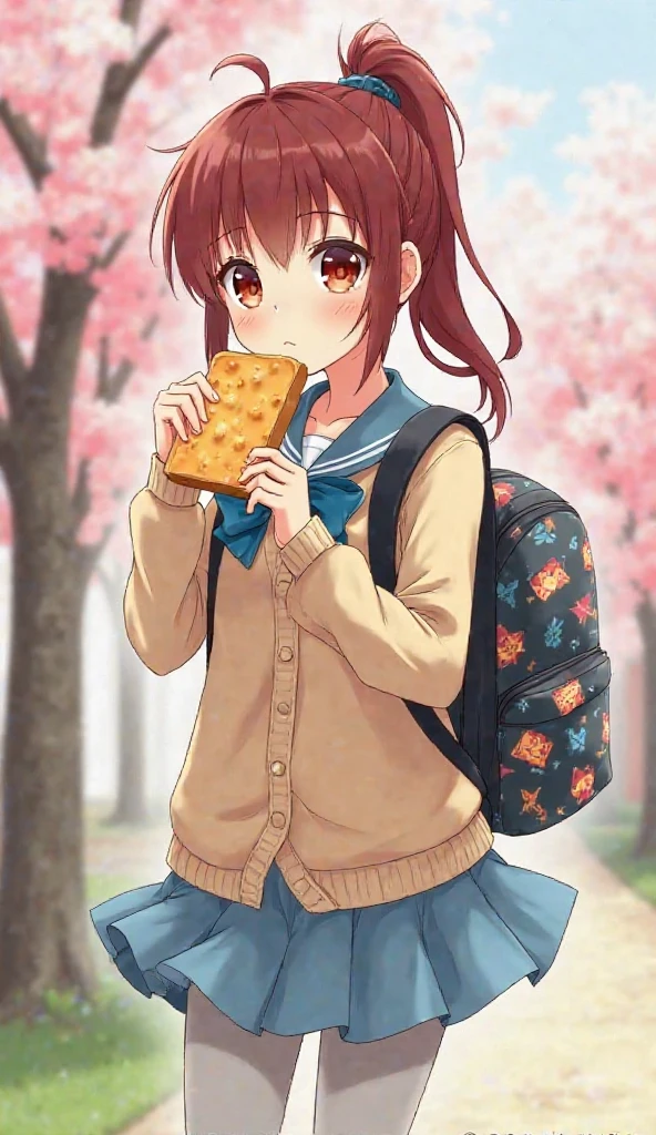 carrying a backpack with anime characters printed on it，have a pair of vibrant apricot eyes，Eyes are bright as stars，Her rosy lips are gently chewing on a slice of toast，her eyes flow vivaciously。nice eyebrows，Natural and gentle，Gives a sense of kindness。The small, straight bridge of the nose，makes her face more delicate。now，The blue bow tie at her neckline swings slightly with the wind，and the corners of her mouth are covered with a bit of breadcrumbs，The lips are as beautiful as cherry blossoms，that covers the whole person。
 
with a high ponytail，full of morning freshness and anticipation for a new day， full of vitality。wears light gray stockings on her legs，and a beige knitted cardigan，This Japanese schoolgirl who rushed to school。The lace lace winds down the neckline，The skirt flew as her，showed slender and well-shaped legs，The thin crescent Moon，with a pair of black leather shoes，and a light blue sailor underneath Clothes，Maroon hair shook gently with her eager pace {x} The whole person was filled with youthful energy and the little panic of rushing to time。