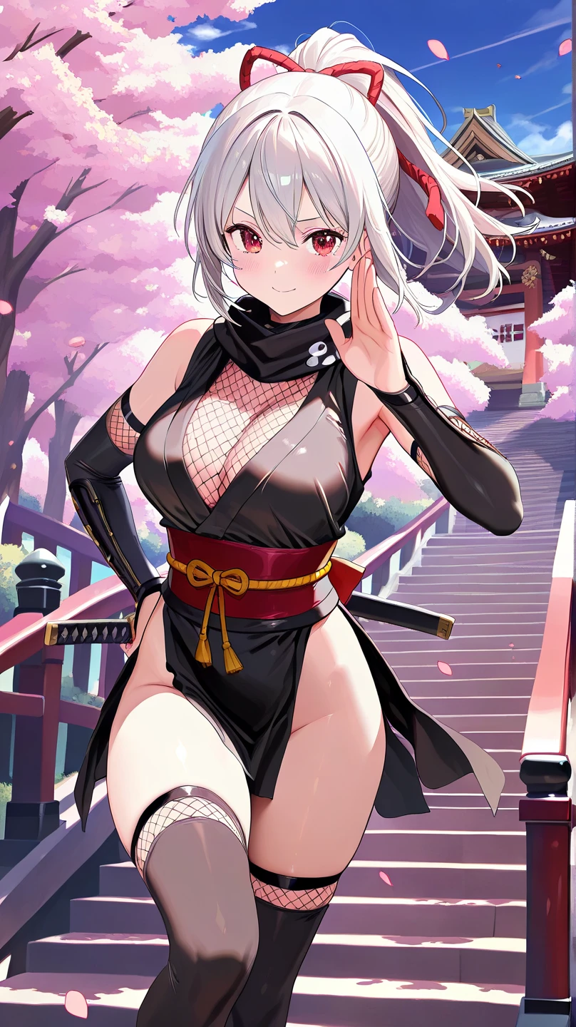 masterpiece of,(perfect anatomy:1.4), best quality, expensive_solve, small details, expensively detailed and beautiful, clear_image、((big breasts))、(smile)、(cherry blossoms)、((ninja))