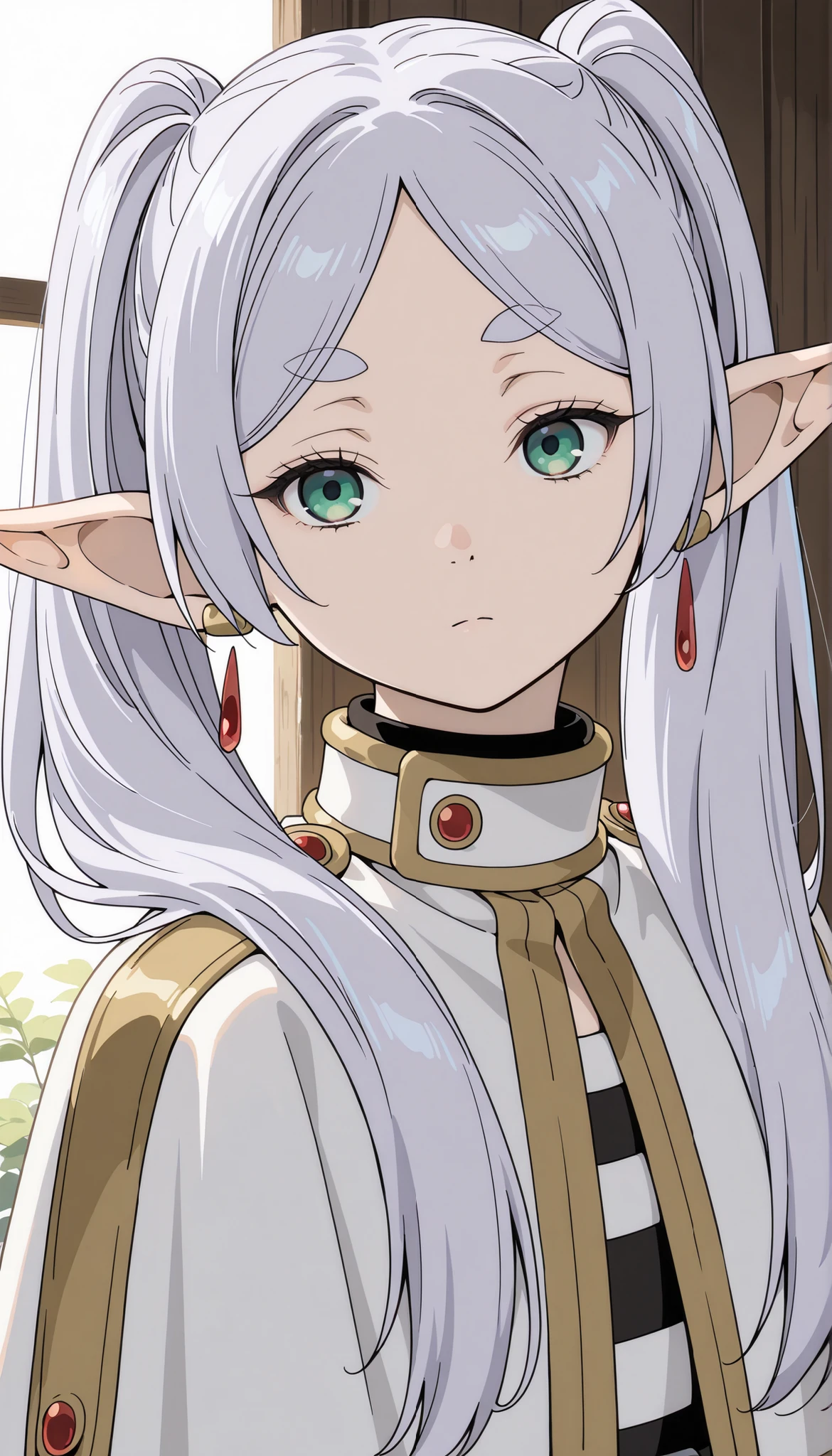 best quality,masterpiece,highres,absurdres,1girl,solo,newest,rating: general, ,(frieren, pointy ears, elf, earrings, twintails, parted bangs, grey hair, thick eyebrows)