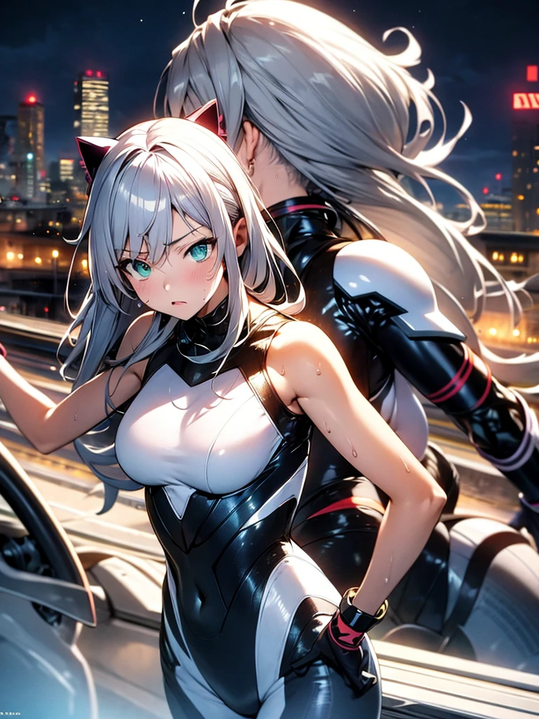 make anime girl in night, girl have big tits, she is siting on the car