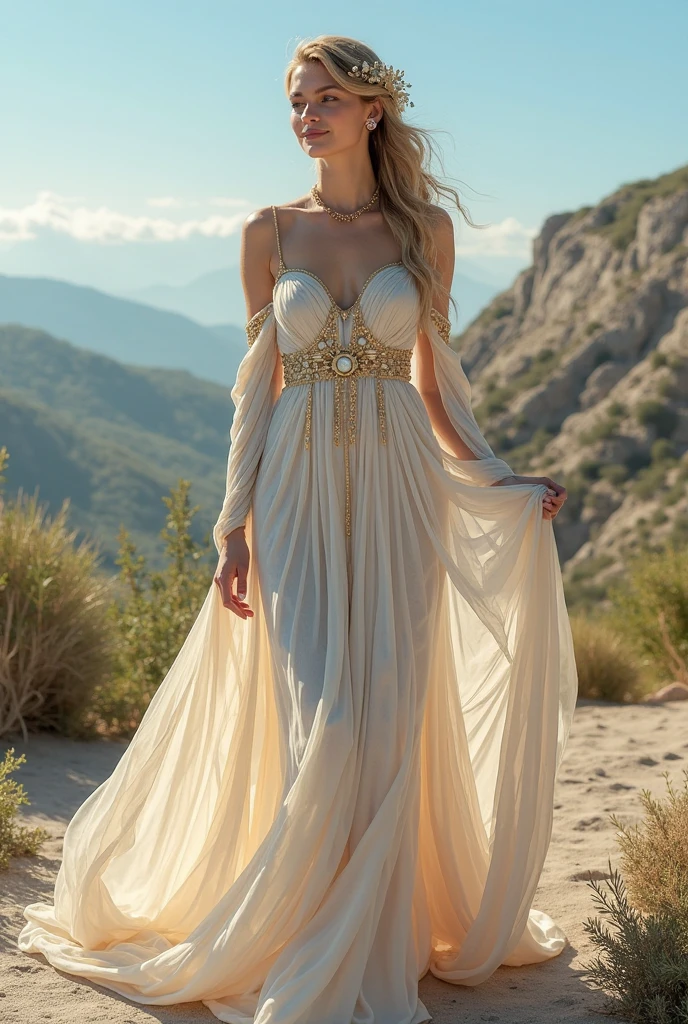 Create a photograph of Olivia Munn, in a realistic style, with high resolution. The photo should be well-lit, with soft light and no harsh shadows. The framing will be full-body, highlighting her enchanting presence and personality. The model will be dressed in an enchanting elven attire, featuring a delicate and flowing dress that evokes the grace and beauty of elves. Soft and earthy tones like white, silver, and gold should be incorporated to evoke the magical essence of elven fashion. Careful lighting and image composition should enhance the womans natural beauty, emphasizing the elegance and charm of the elven outfit, while capturing the essence of a mystical and elegant elven maiden in full-body portrait
