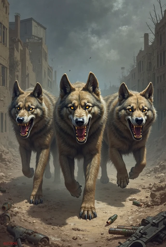 Pack of rabid dogs biting each other in a desert landscape 