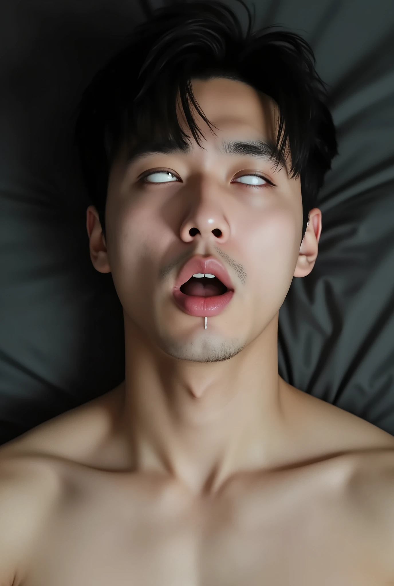 (masterpiece, ultra quality, high resolution, 8k, intricate: 1.2), (detailed face:1.2), handsome Young Korean man ,white skin, without mustache,double eyelids , detailed skin, 1boy, ((realistic)), abs, good lighting quality, muscle veins, ((pale skin)), being hypnotized in a gym, with his head tilted backwards to see the boy’s strong jawline, messy hair, being hypnotized, his eyelids lifted revealing only white eyes with black eyes rolled back, mouth hanging open, from above perspective, in a deep trance,, his eyes rolled back, mouth hanging open, drooling,((eyes looked up:1.6)), ahegao, crossed eyes