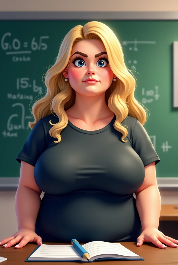 (((2heads))), obese woman,32 years old, schoolteacher, red hair, blonde, thick rimmed glasses, classroom background, armpitsshowing, cleavage, large droopy breasts, angry expression, hair expression