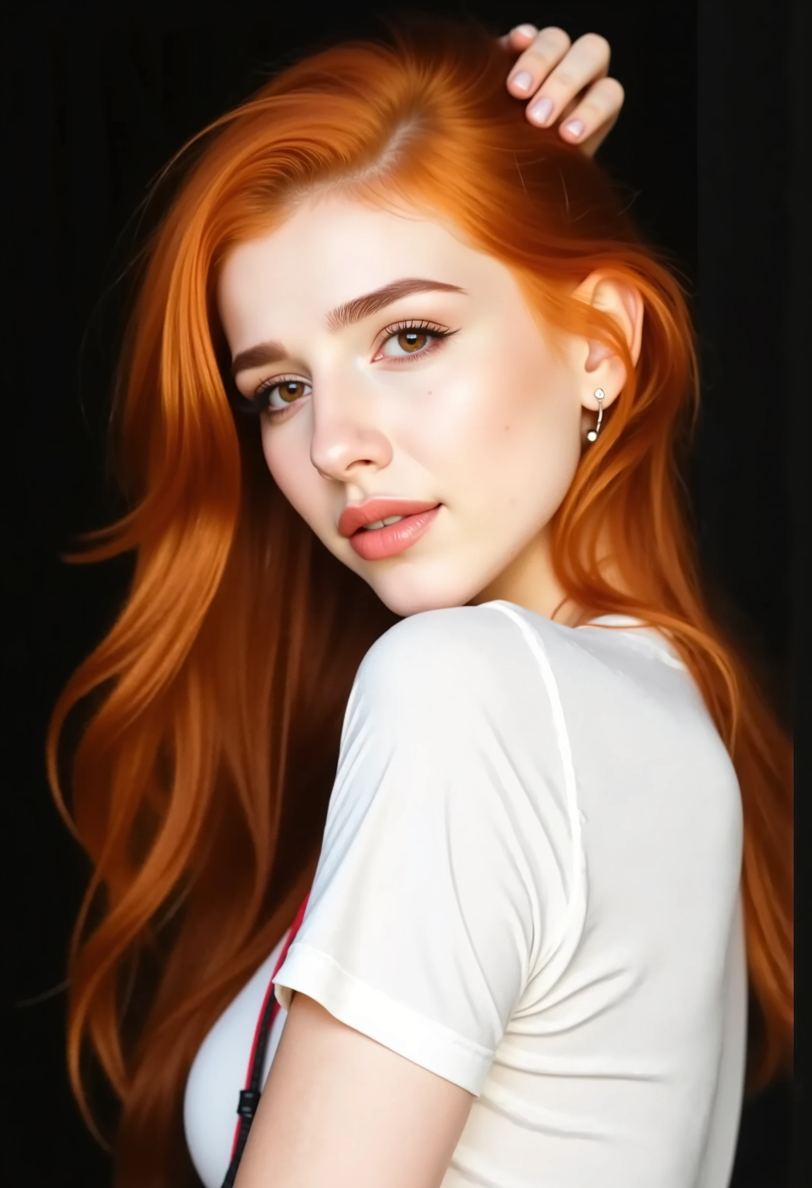 A red-haired woman with honey-colored eyes, wearing a fitted white T-shirt and a noticeable lanyard around her neck. She poses facing the opposite side, gently lifting one arm behind her head, showing perfect, well-defined hands, each with 5 distinct fingers. The setting includes a simple interior with a window in the background, lit by soft natural light. Everything is rendered in 16k ultra-realistic detail, capturing subtle skin texture, the warm hue of her hair, and the casual yet confident expression on her face.