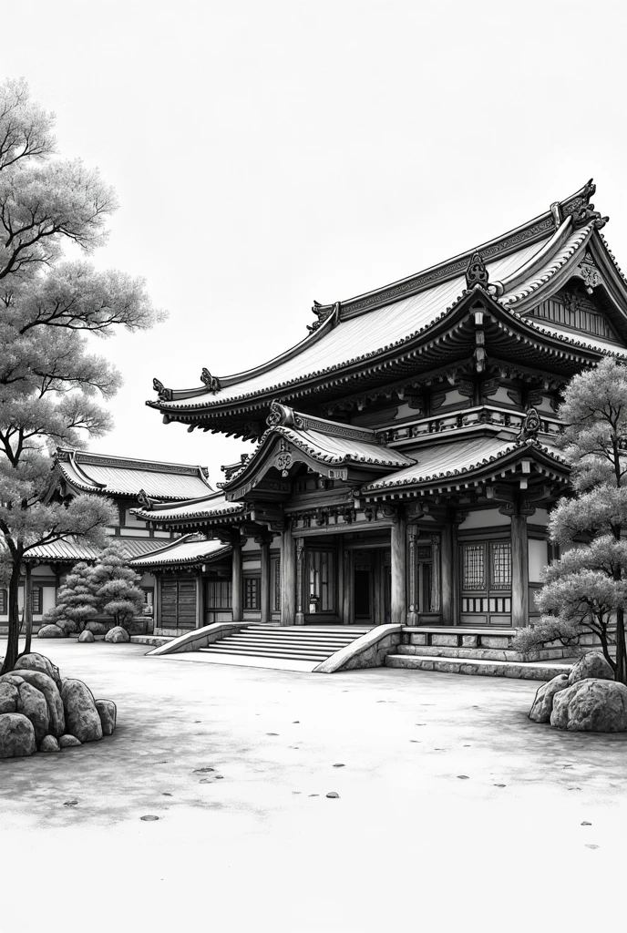 ancient japanese fortress, pencil sketch