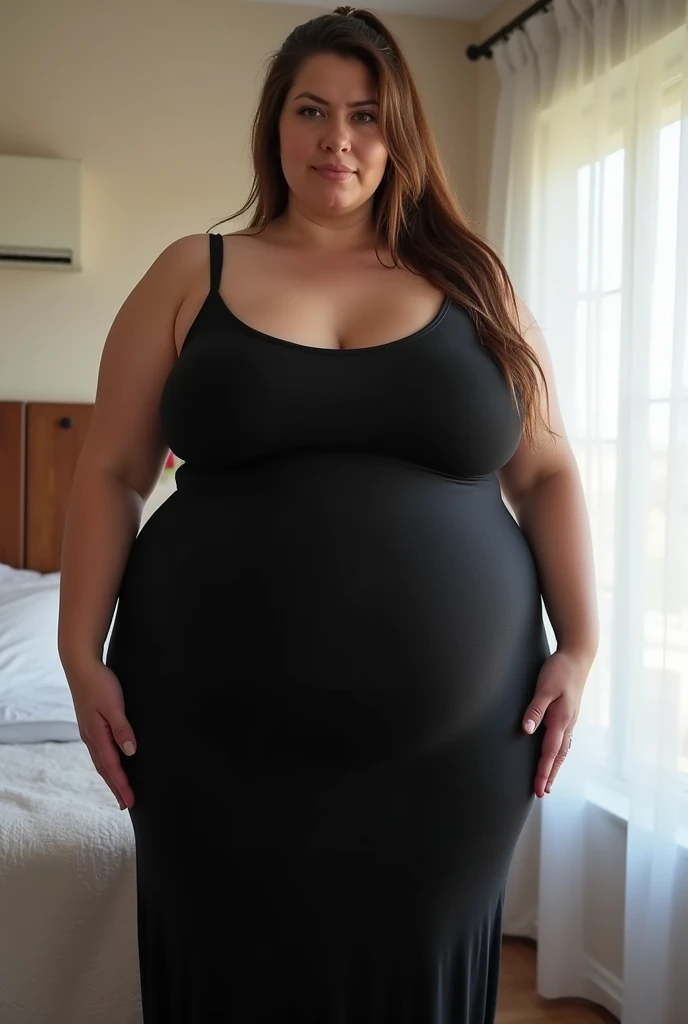 (Full body, glasses), An image of a pregnant girl with her belly on full display wearing casual clothes. She is a very voluptuous lady with blonde hair and green eyes