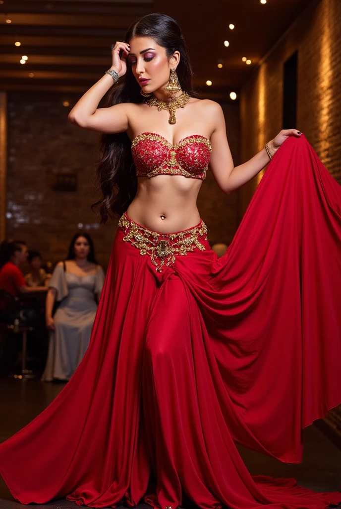araffe woman in a red sari posing for a picture, in red background, glowing red, glamour pose, red hot, red and cinematic lighting, very seductive pose, by Natasha Tan, red clothes, by Emma Andijewska, stunning elegant pose, wearing red, sensuous, gold and red, wearing a red outfit, all red, glamorous pose, 500R, photorealistic, ultra high quality, Ultra-detailed face, fujifilm, kodak, nikon, canon