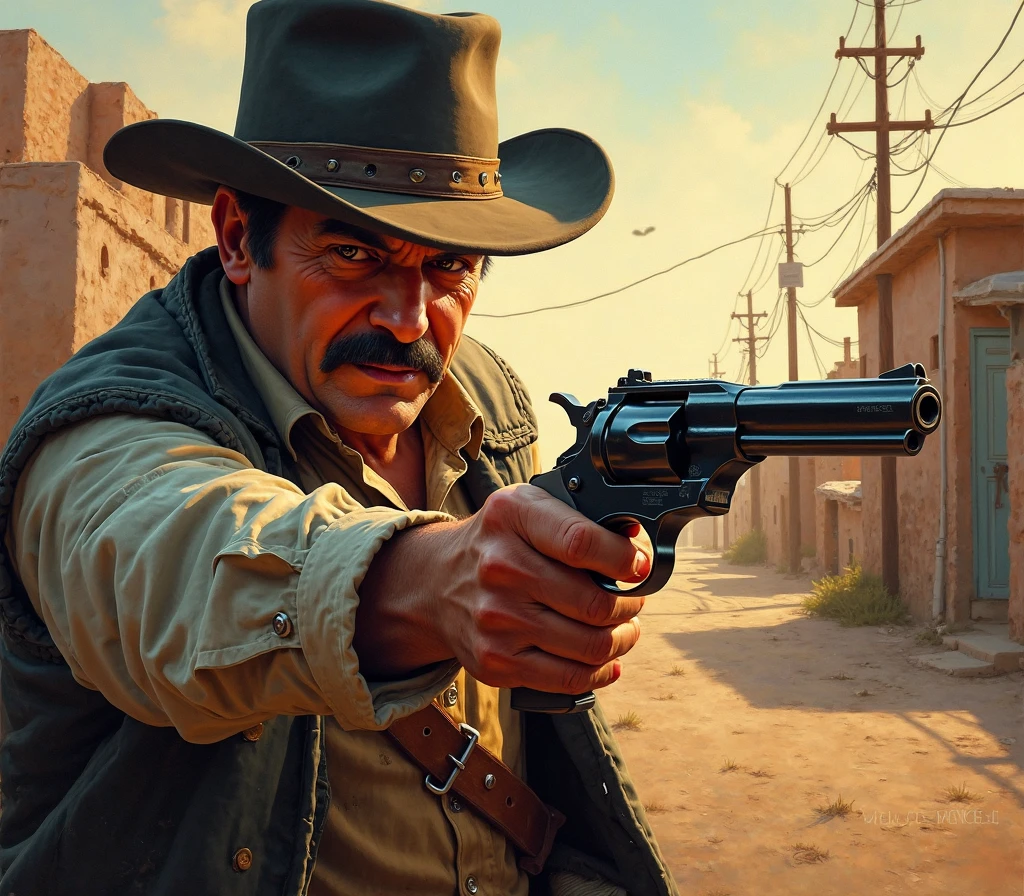 A gunman who uses 2 UZI submachine guns, a cowboy hat, denim trousers, and biker boots.