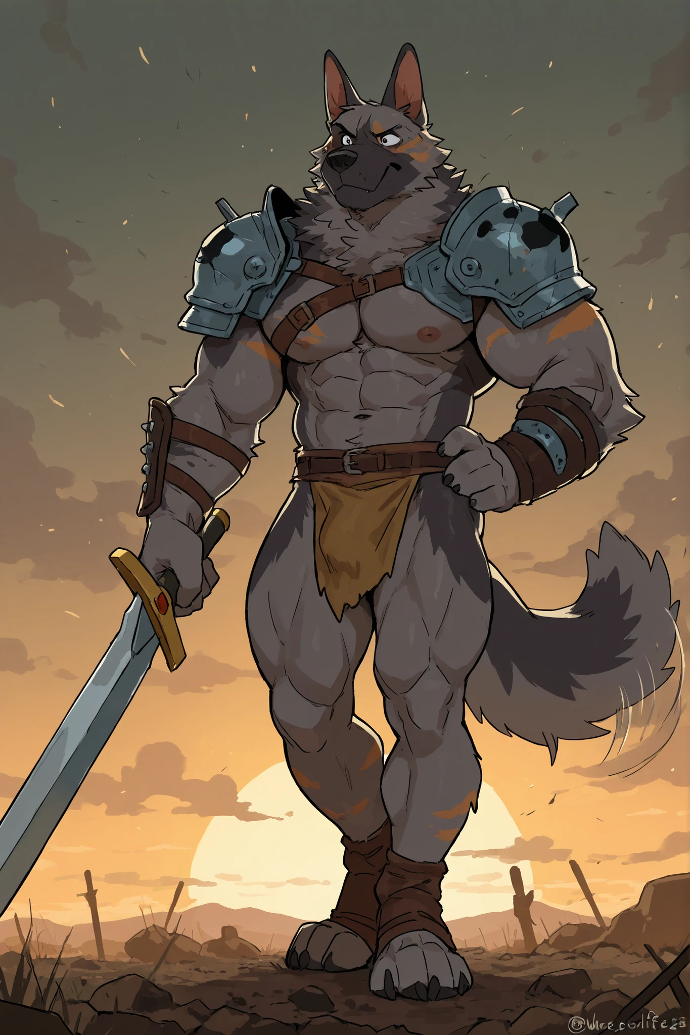 Solo Sexy young anthro furry wolf male mercenary medieval solider, slim endomorph muscular, anthro handsome gay shorter muzzle, handsome gay model male apperance, sword scars, worn out leather skimpy armament, low on hips heavy leather belt, old very worn out skimpy dirty linen material jockstrap, old yellow dirty worn out stains on white sawn jockstrap, very visible "x" brown seam pattern on the jockstrap, studded skimpy armlets breastplate armor, skimpy breastplate, leather bondages, fingerless leather gloves, smelly unwashed furr, dirty body look, desert battlefield, standing in sexy fighting position, close view of full character