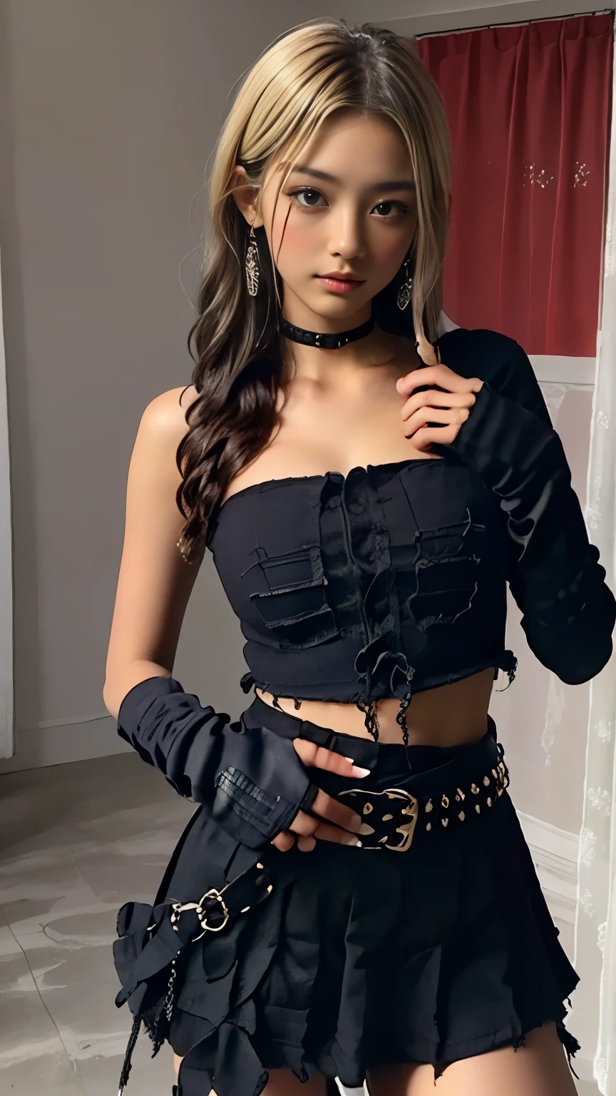 (masterpiece, best quality, 8k:1.2), (an extremely delicate and beautiful), (reality:1.3), extremely detailed wallpaper, super fine illustrations, (perfect face, perfect eyes, symmetrical eyes), (an extremely delicate and beautiful girl), beautiful detailed eyes, finely detail, delicate face, masterwork, 1girl, delicate details, highres, ((highly detailed face, beautiful detailed face)), an extremely delicate and beautiful face, intricate detail, complex details, ultra-detailed, solo, (medium breasts:1.4), sexy, one girl, Beautiful breasts、 Brown eyes, blonde, girl, looking at the viewer, thighs, (cowboy shot), (street rock fashion, (black clothes:1.3), ripped skirt, fingerless gloves, fedora, belt, natural lips, earrings, heavy makeup, street corner),