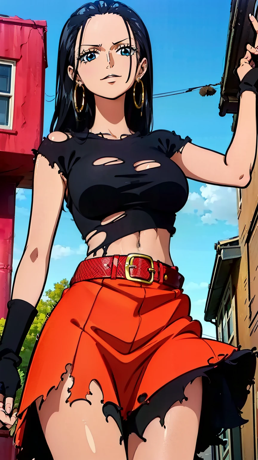 (masterpiece, top quality, high resolution, 8k:1.2), anime coloring, details, From 1 piece, One Piece Style, Nico Robin, mature woman, 30 years old, women with long black hair, large medium breasts, calm and calm , Laughing with a happy expression, soft impression, beautiful face, perfect hand, (Dynamic Sexy Poses), (Street Rock Fashion, (black clothes:1.3), torn skirt, fingerless gloves, belt, earrings, 濃い化粧, Street corner ), (Cowboy Shots:1.2), (Dutch angle), looking at the camera, The camera's gaze focuses on the center of the image,