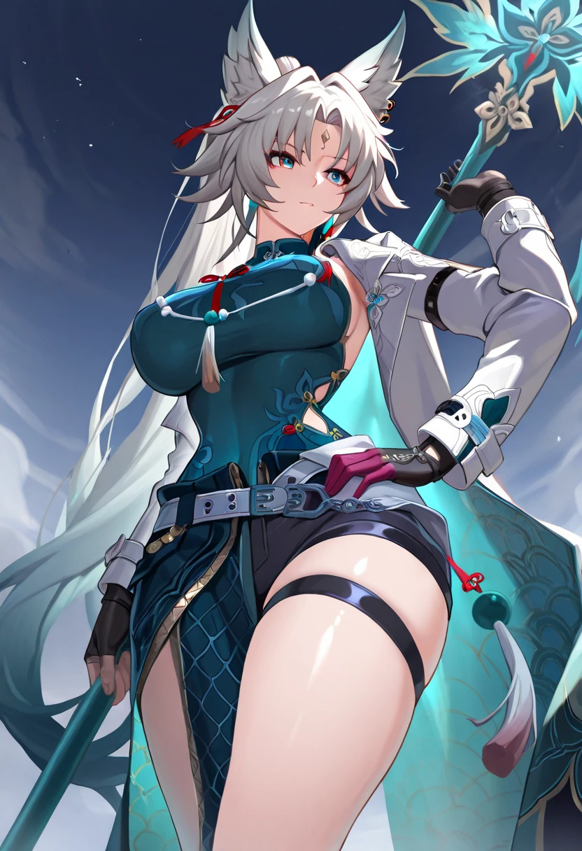 (((Best Quality))) , ((full body)), female, reference sheet, solo, (white background), holding weapon, gloves, slit trench skirt, backless skirt, belt, standing,