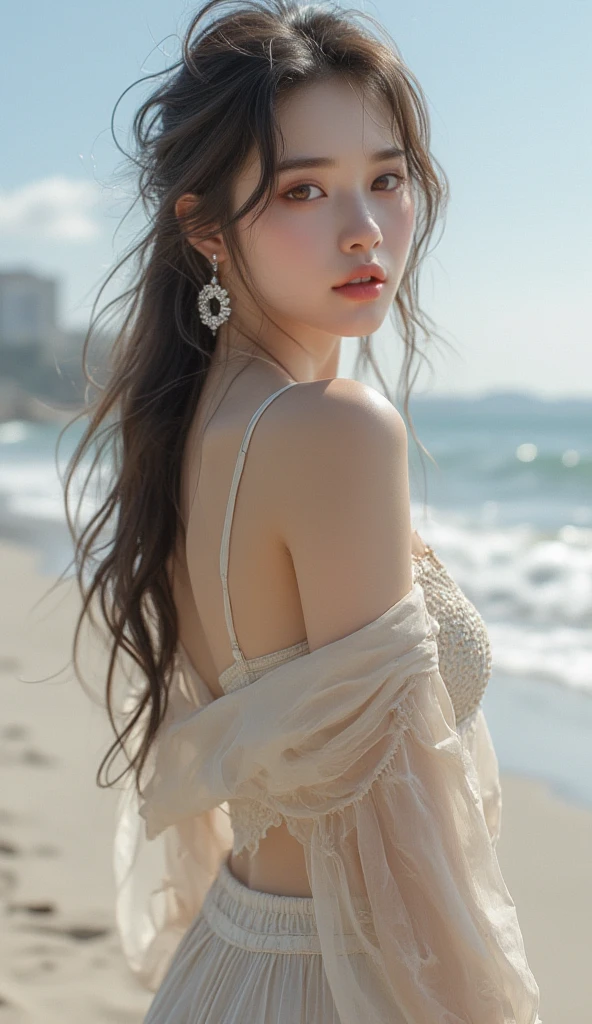 super-fine,Physical rendering,choker necklace,耳Nipple Ring,Air bangs,hair adornments,the setting sun,鎖骨,Wristbands,nabel,long whitr hair,Brown hair,ahoge,1girl,mideum breasts,sandbeach,wavey hair,thinness,
