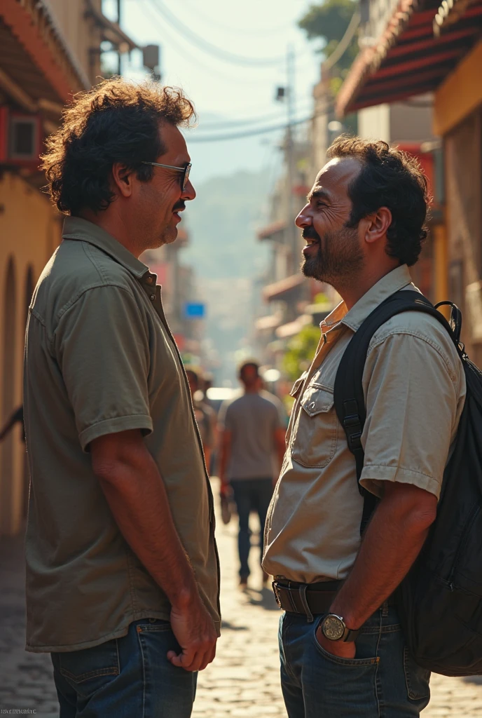 generates two peasant men, the men are face to face, giving a romantic kiss, They smile, THE MEN ARE APPROXIMATELY 55 YEARS OLD, ARE medium close-up, Very detailed, his wardrobe is simple, IT HAS A PANTS AND A SHIRT of men working in the COLOMBIAN field. In the background you can see a MOUNTAIN landscape., The background is slightly out of focus..
