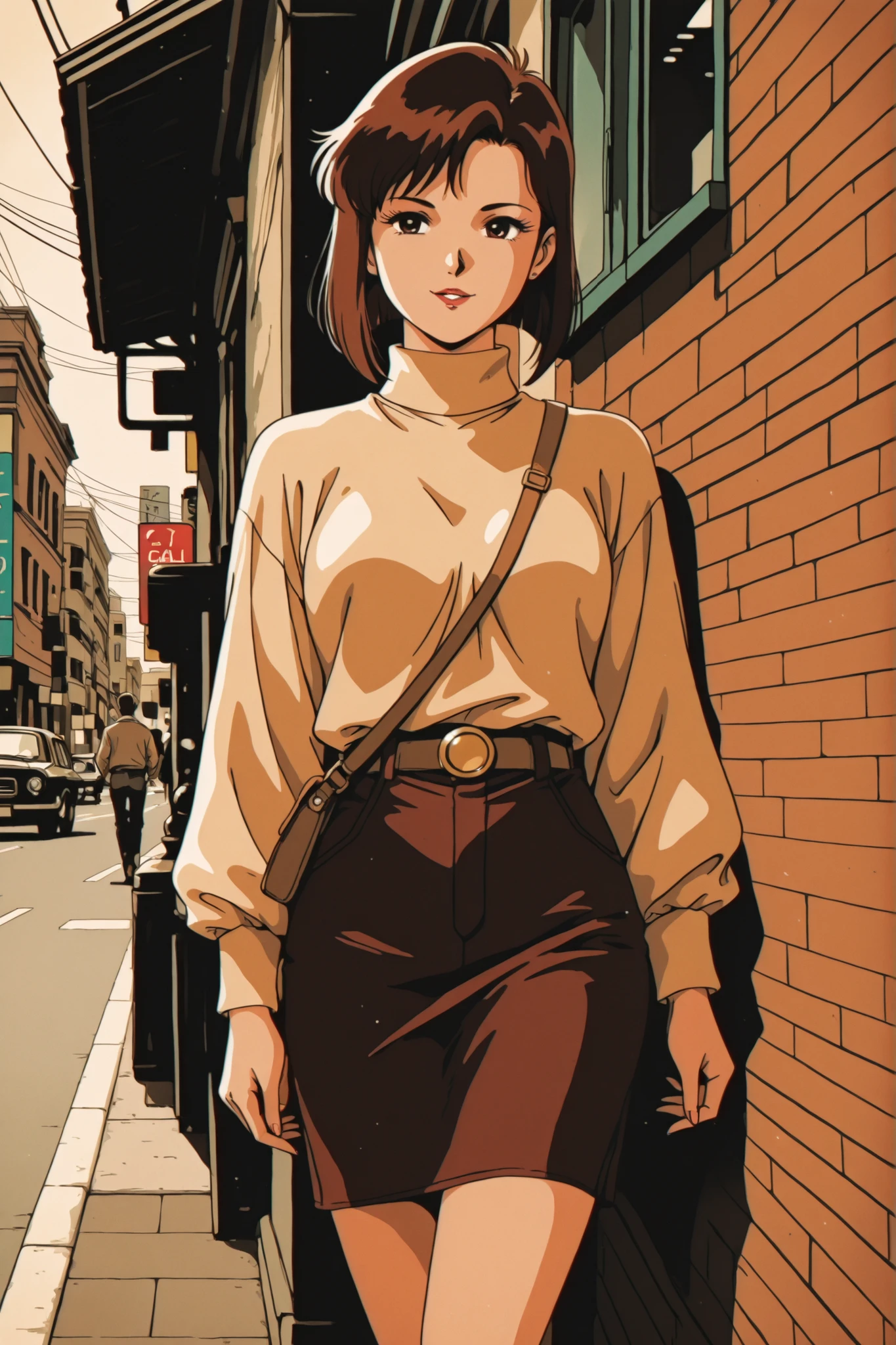 Time Gal standing on a street in San Francisco in the year 1920, in full view in a vintage sepia photographic style