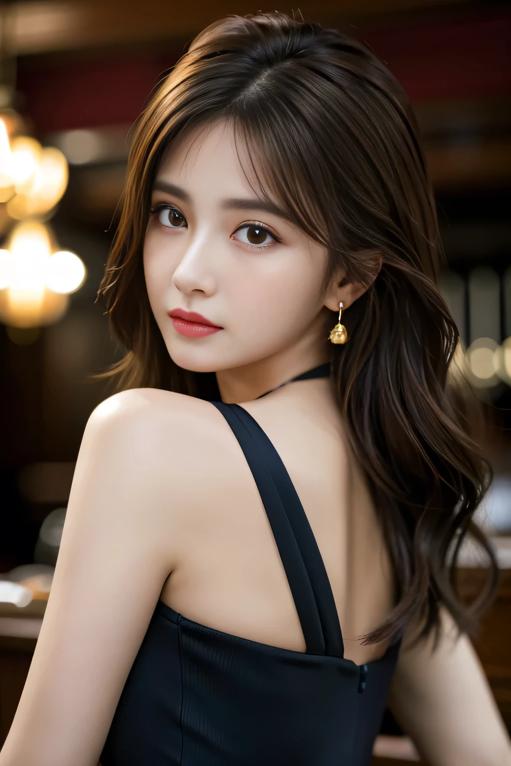 masterpiece, highest quality, Realistic, Very detailed, Finer details, High resolution, 8k wallpaper, One beautiful woman, Wear a black see-through shirt, Great bar counter, At night, Light brown messy hair, Perfect dynamic composition, Beautiful and beautiful eyes、Big earrings、Back view