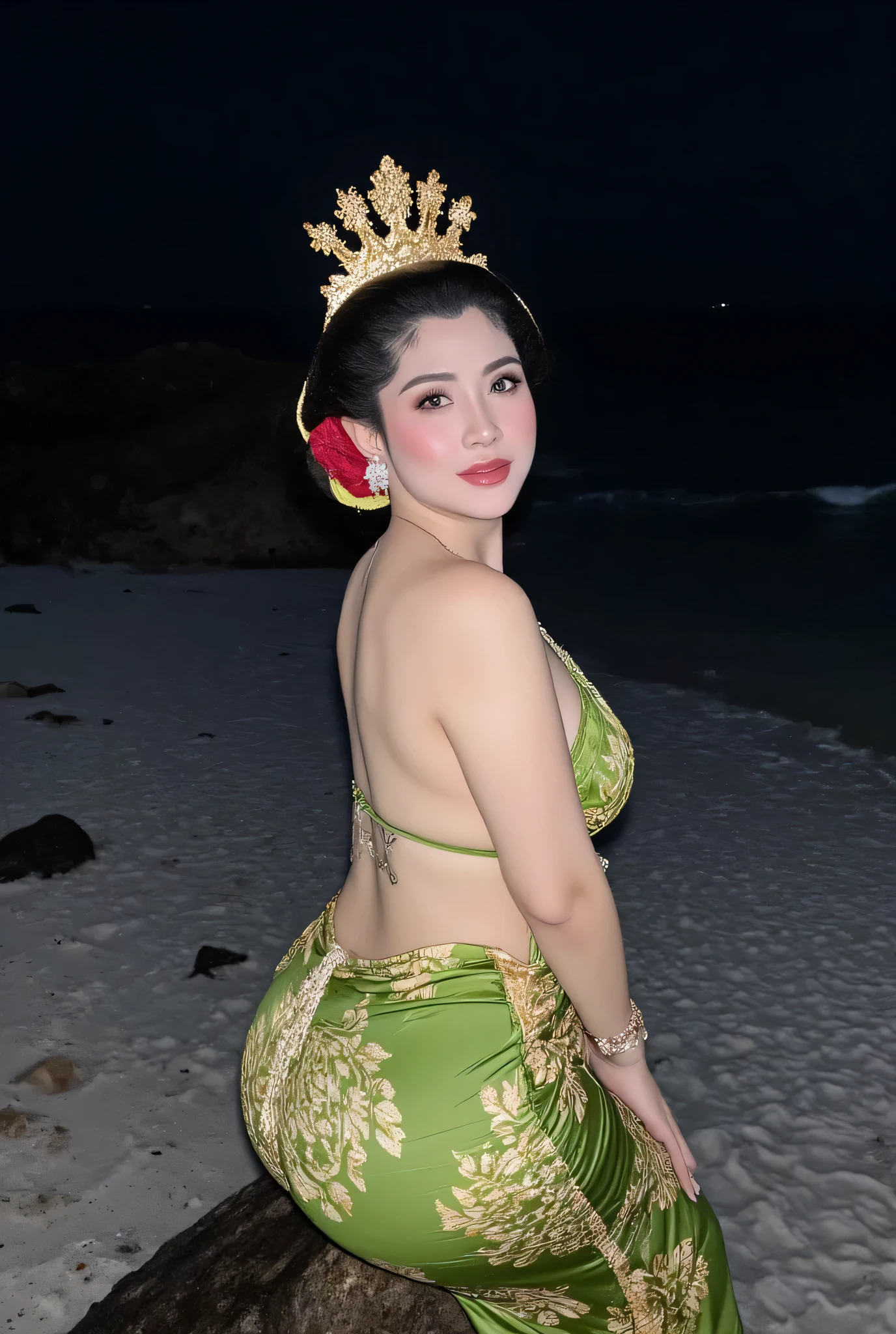 woman with her chin split in half in a green micro bikini. Green Javanese traditional batik sarong. silver , cuffs, collar, gold crown on his head . in front of the camera . nice detail . And nice . On The Rock. Sitting on a rock the waves hit her feet . Full moon background in the middle of the blue sea waves flying in the air . No light Dark night . °mix4 , 20d,hyper-realistic:1.37),16K HD, portraiture, (hanging breast, shaggy breast, huge breast),