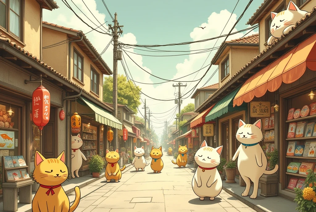 A streetscape tailored to animals, with people who have turned real animals into beastmen. An illustrated, sepia-toned old photograph style, a town inhabited by many cat beastmen, a shopping street lined with fish-shaped signs, a cat-eared resident taking a nap on the roof, fish-themed decorations, bright sunlight, warm hand-drawn lines, pastel colors, cat people with cat toy-like accessories, and inquisitive expressions.