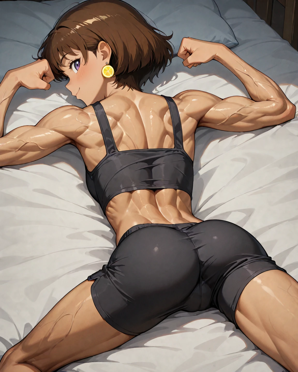 definite expression ,open mouth。(a female athlete,Blindfold your eyes with a cloth,Wearing a gray sports bra,Kneel on the bed,(((Urine leaking from the vagina))),wet crotch)。