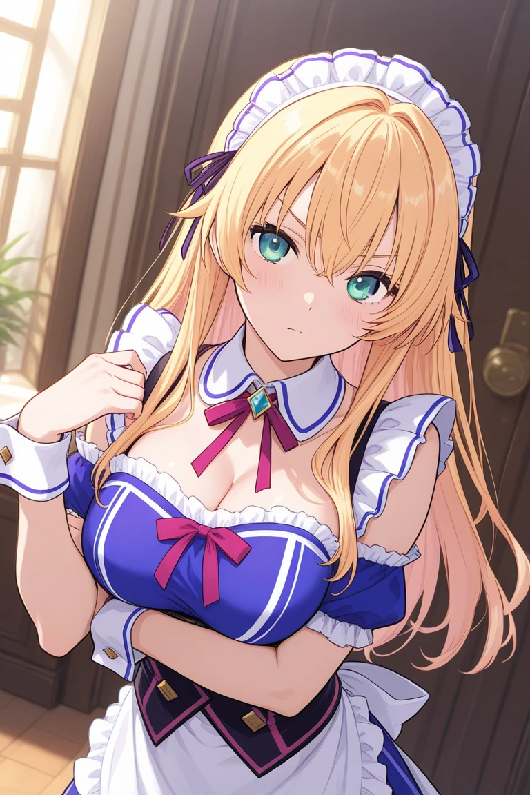 (masterpiece:1.2),best quality,illustration,beautiful detailed girl,
(1girl) (standing at attention),front view,arms aside,
(sweat:1.2),(smile:1.1),open mouth,(tareme eyes:1.1),upper body,
(long hair:1.1),blunt bangs,(dark blue frilled dress:1.1),
backlighting,<lora:shrinkHair10:2>