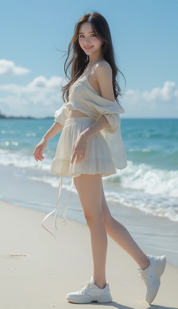 A two-dimensional girl with perfectly proportioned legs standing on the beach,Premium image quality。