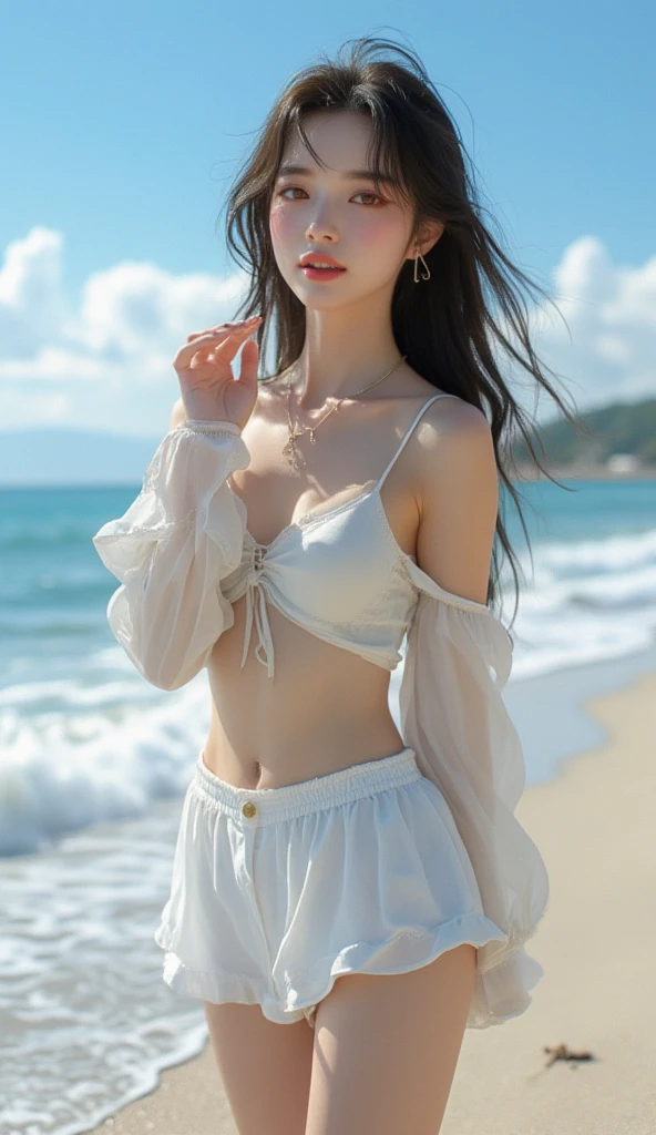 (logo、masterpiece、8k、Tabletop、RAW Photos、wonderful、最high quality、Photorealistic and Very detailed CG integrated 8k wallpaper、high quality、Very detailed、Narrative poem、Particle Effects、Dynamic Effects、Written boundary depth、Cinematic Light、Lens flare、Ray Tracing)、Fantasy、 (One beautiful woman、White Pants、White T-shirt、White tube top、White crop top、Black-haired、Beautiful Face、True Face、Beautiful details、eye、Beautiful Skin、Ultimate Body、glamorous)、私の髪はWindに舞う、Hair flutters in Wind、Hair bounces、Seaside、wonderful景色、coastal、sunrise、Sun in the background、Wind、Beach