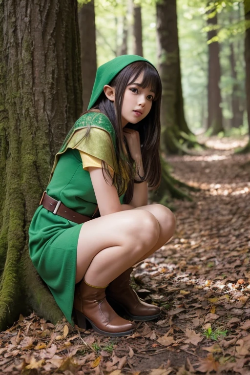 work of art, best qualityer,, 1 girl, sitting down, blackw_body hair, Boken, Bokenmark, filial, mitts, gram, green body hair, Boken, hooded cloak, hooded cloak down, ventail, gazing at viewer, multicolored body hair, ocaneta_Boken, partially fingerless mitts, caneta, plantar, duffel bag, plume, leitura, sitting down, ssmile, standing alone, Tailpussy, Tree, Tree stump,, sky, floor, moutain, forst, lake, lingerie only, V-shaped panties