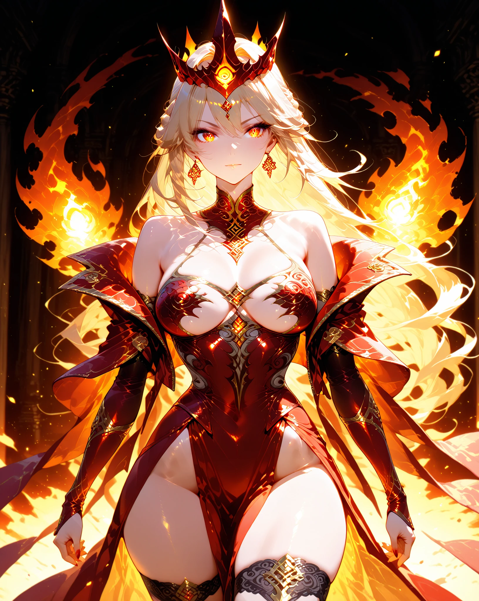 young woman, perfect body, shinny blueeyes, perfect boobs, perfect thighs, fire crown, long golden blonde curvy hair, transparent long white dress, lingerie, exposed belly, exposed thighs, red and gold mixture cloths, highly detailed enchanted cloths, standing and starring, head to mid thigh:4.5 photo, eye level camera angle, dark lighting, fire radiation, flames background, detailed background, fantasy art, hyper realistic,