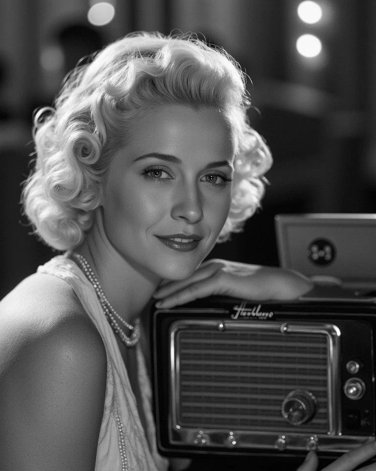 ((( best quality 8k, 32k resolution ))), best surreal work, score 9, score 8, Score 7 , Masterpiece,, Very detailed,Perfect well-defined, a black and white image of a blond girl , curly hair, dressed in a dress from the 1942 era, Are you listening to music on a Philco radio from 1942.