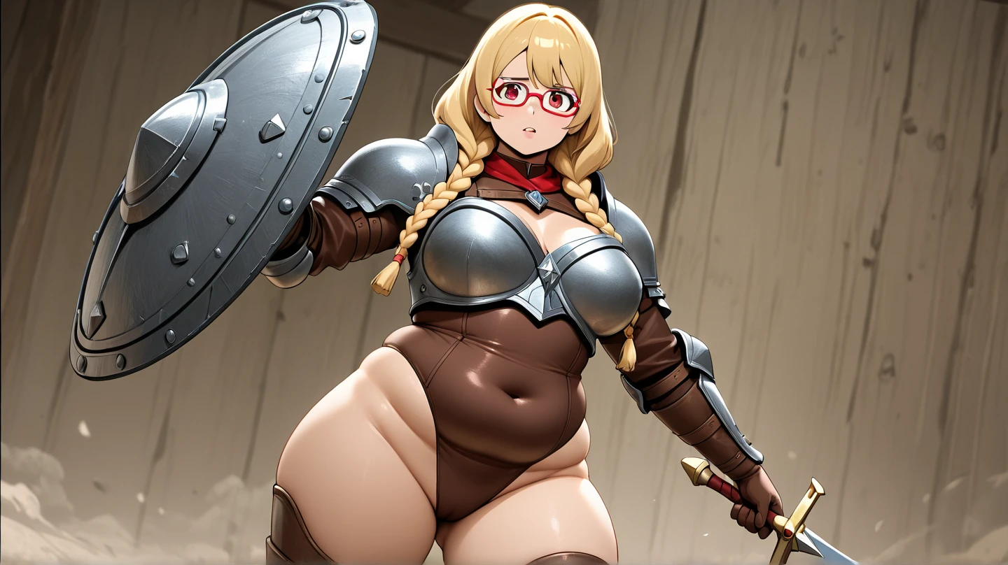 1girl, solo, breasts, looking at viewer, short hair, bangs, blue eyes, large breasts, simple background, thighhighs, gloves, white background, holding, standing, full body, weapon, white hair, boots, parted lips, elbow gloves, shiny, sword, holding weapon, armor, high heels, white thighhighs, leotard, lips, makeup, thigh strap, turtleneck, thigh boots, white footwear, lipstick, shoulder armor, gauntlets, legs apart, contrapposto, pauldrons, breastplate, whip, holding whip

