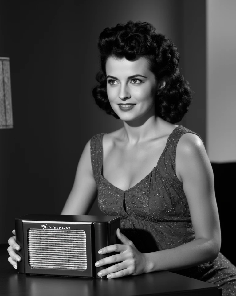 ((( best quality 8k, 32k resolution ))), best surreal work, score 9, score 8, Score 7 , masterpiece,, Very detailed,Perfect well-defined, a black and white image of a brown girl , curly hair, dressed in a dress from the 1942 era, Are you listening to music on a Philco radio from 1942.