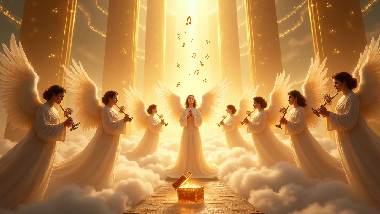 celestial beings playing trumpet around the golden throne