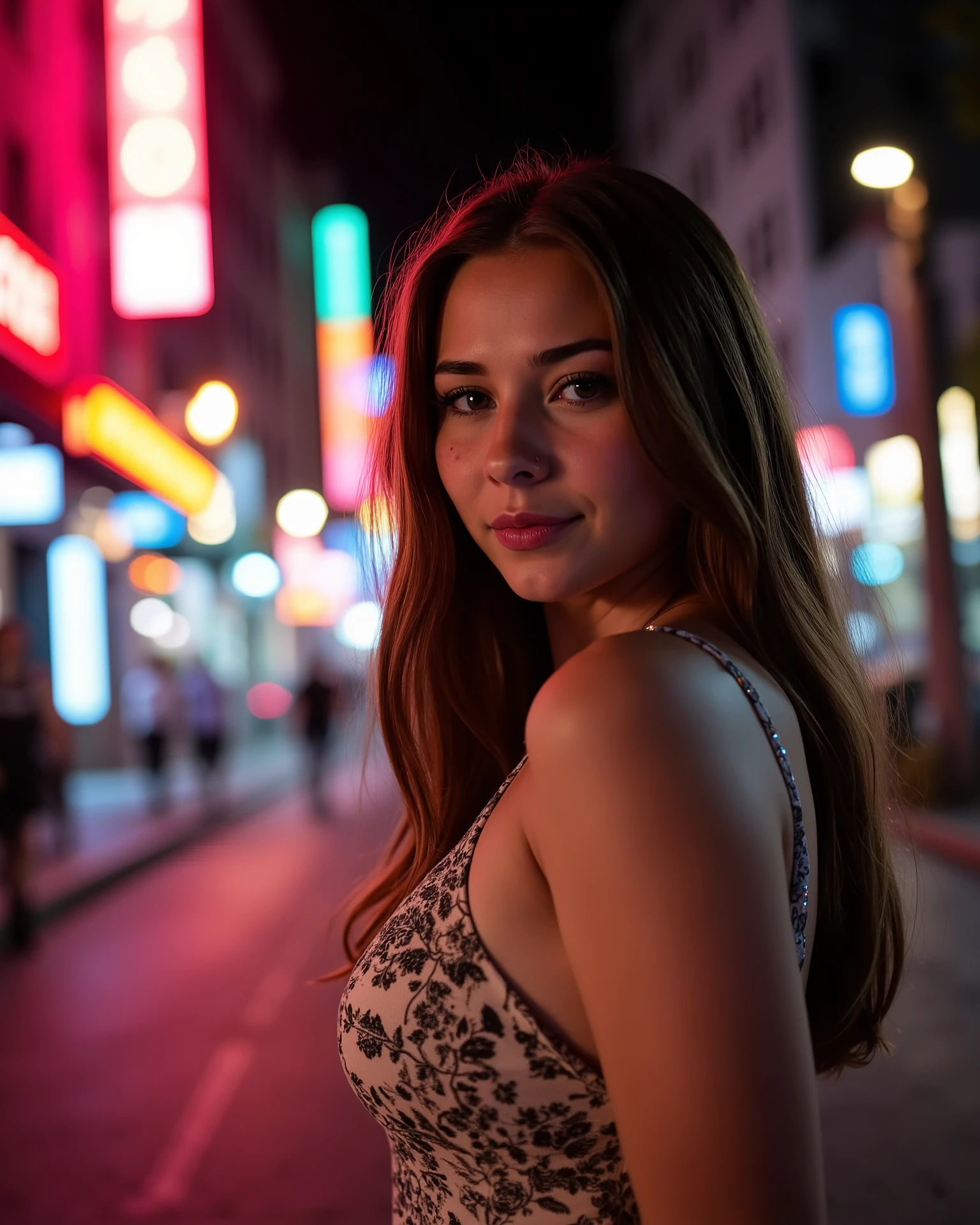 Beautiful woman, young, 25 years old, wearing a feminine dress that conveys delicacy and sweetness, she has a small throat, she is posing for a professional photo, she is giving a shy smile that conveys innocence and mystery, she is on a well-lit street full of lights Night-time photo-realistic image, extremely detailed and cinematic, shot with Sony A7S III using a 50mm f/1.2 lens. Aperture set to f/1.2, ISO 800, shutter speed 1/60. The ambient city lights and neon signs provide vibrant, moody illumination with rich bokeh effects in the background. Subject is softly lit from the side with practical lights or diffused LED. Skin tones are warm and reflective, shadows deep and soft. Shot in RAW, edited in DaVinci Resolve with a cinematic color LUT. 8K ultra-resolution, HDR, perfect tonal contrast."