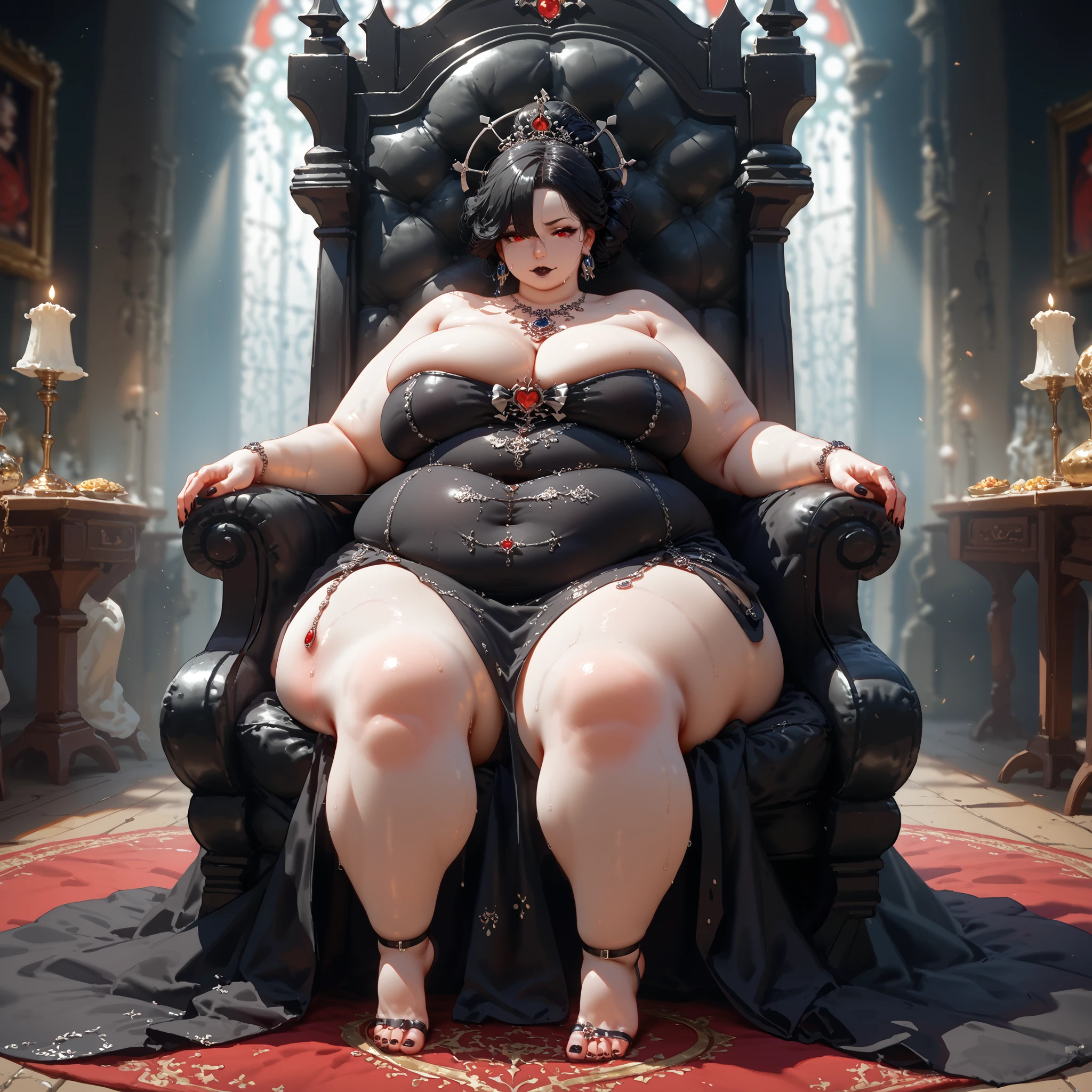 ultra - detailed, A high resolution, 4K,Beautiful Demon Queen,with whole body visible, Full body photo, photore, Masterpieces, Top quality, scarlet background,Squat and sit,The legs are arranged in an M shape,((a beautiful fantasy empress)), divine render, (((full body shot shot))), ,(((huge boob))),(((gigantic hip))),(((Big breasts Thin waist))),(((high-heels,High soled shoes ))),frontage,Pregnant women with, Huge belly,(((Tattoos replace all clothes))),