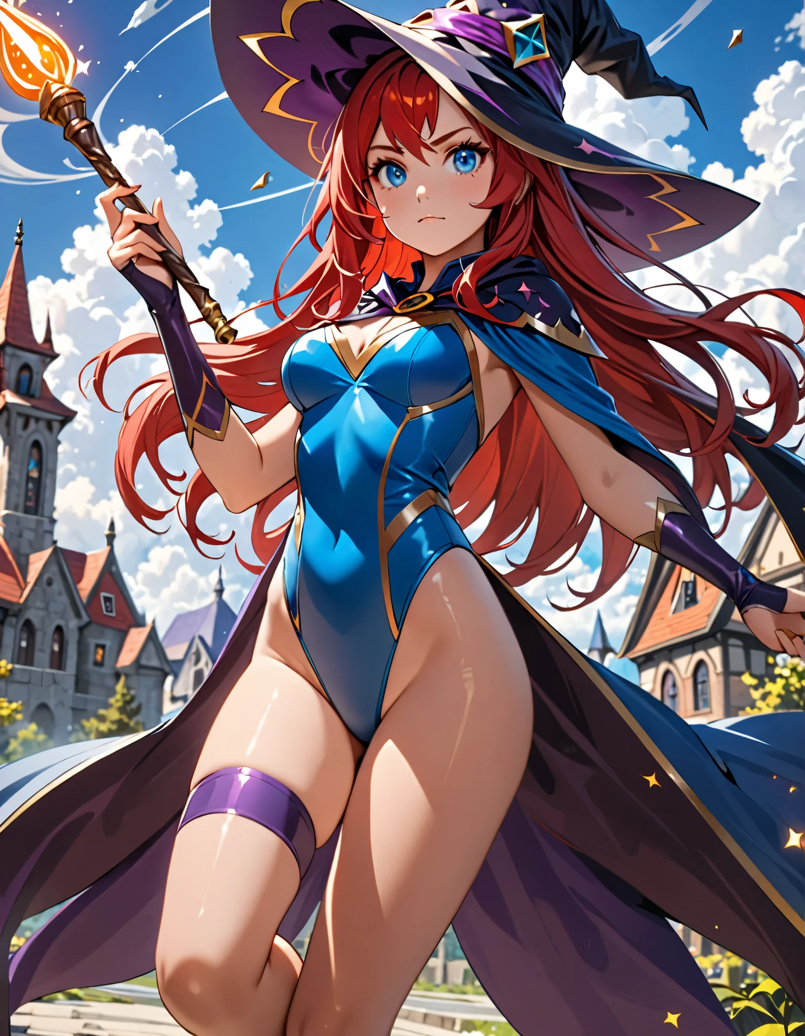 a cartoon of a woman dressed in a superhero costume holding a wand, witch academia, superhero sorceress witch, sky witch, lightning mage, city backdop, leotard, blue leotard with white accent, bare legs, blue thigh-highs, red high heels, witch hat, red hair, long hair, blue eyes, beautiful detailed eyes, beautiful detailed face, cute face, medium breasts, age 16-18, solo, solo focus, wonder.