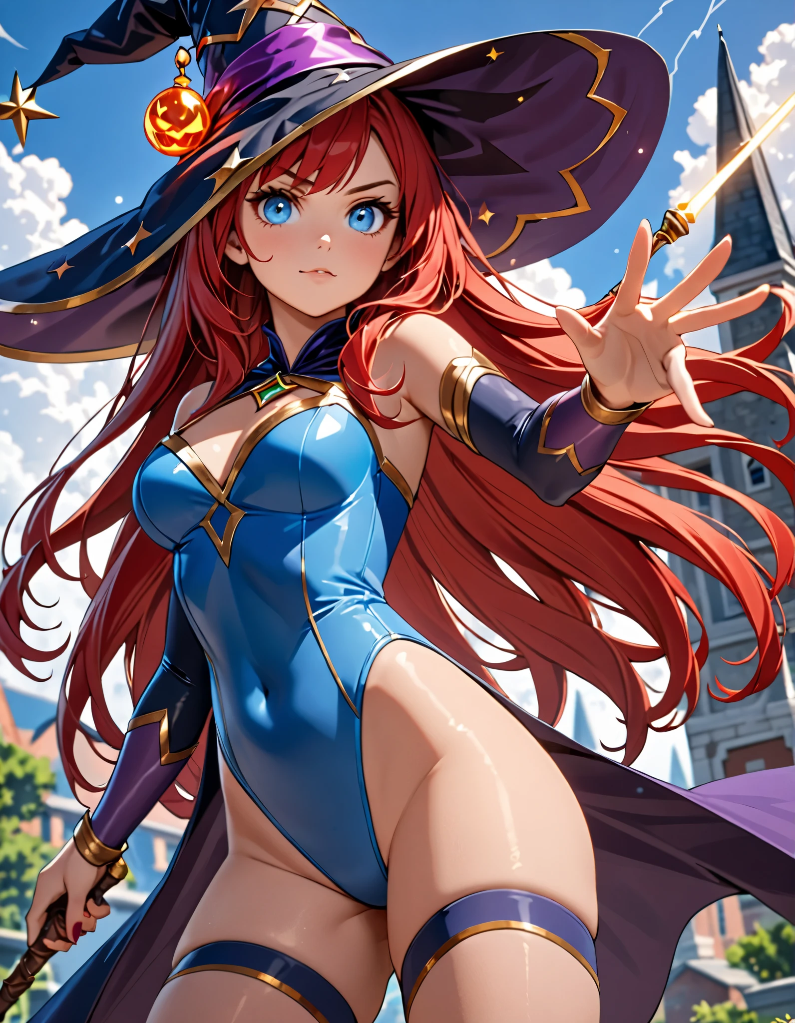 1girl, high school student, superhero, holding wand, superhero sorceress witch, sky witch, leotard, blue leotard with white accents, bare legs, blue thigh-highs, red high heels, witch hat, red hair, long hair, blue eyes, beautiful detailed eyes, beautiful detailed face, cute face, medium breasts, age 16-18, solo, solo focus, wonder