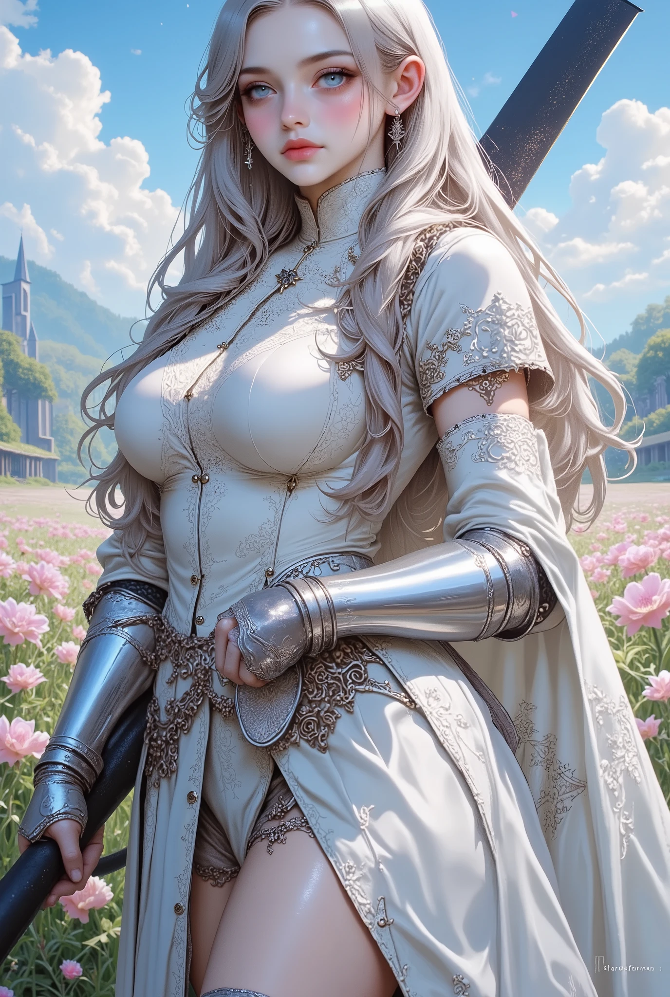 Elegant female knight in a fantasy setting, wearing a white gown and cape adorned with soft floral patterns, holding a large black sword, silver medieval armor details on arms and legs, serene and noble expression, long pale blonde hair, standing in a dreamy flower-filled field under a clear blue sky, ethereal lighting, soft pastel tones, anime art style, fantasy royalty, warrior princess aesthetic