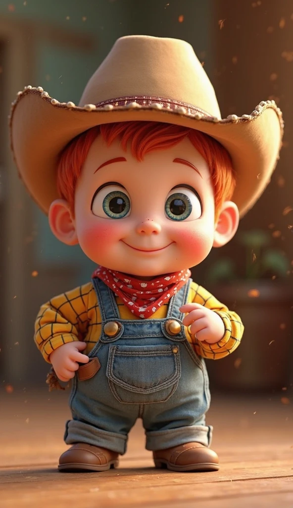 baby boy with dark eyes with light skin, small nose and big cheeks with straight brown mohawk hair, wearing straw hat, long blue and white checkered shirt, patchwork jeans, with brown leather boots at party with bonfire, balloon, flag 3d Pixar style poste