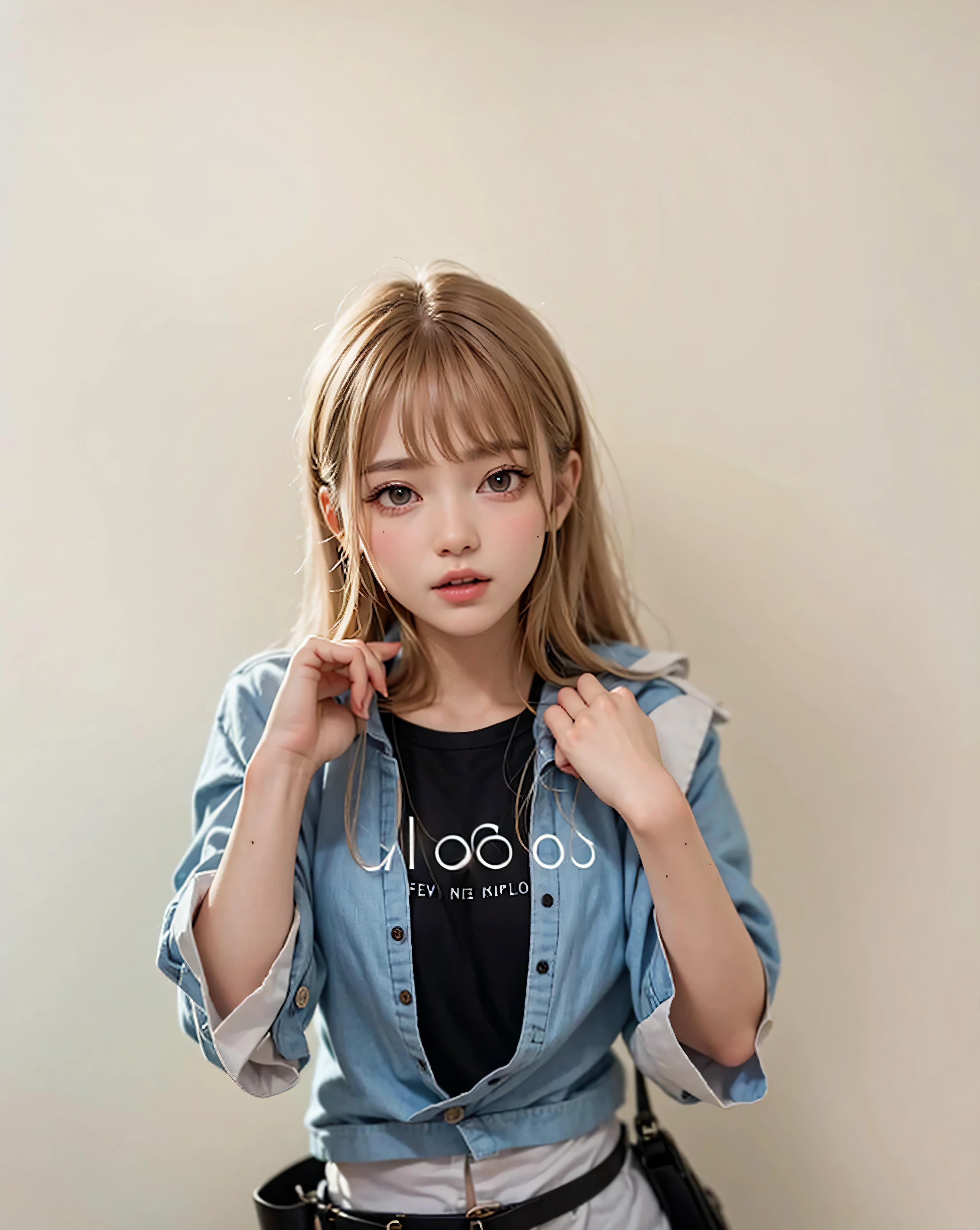 light skin, blond hair, gray eyes, Cute, child, A  girl, portraite of a, tail, blue T-shirt, Red unbuttoned jacket