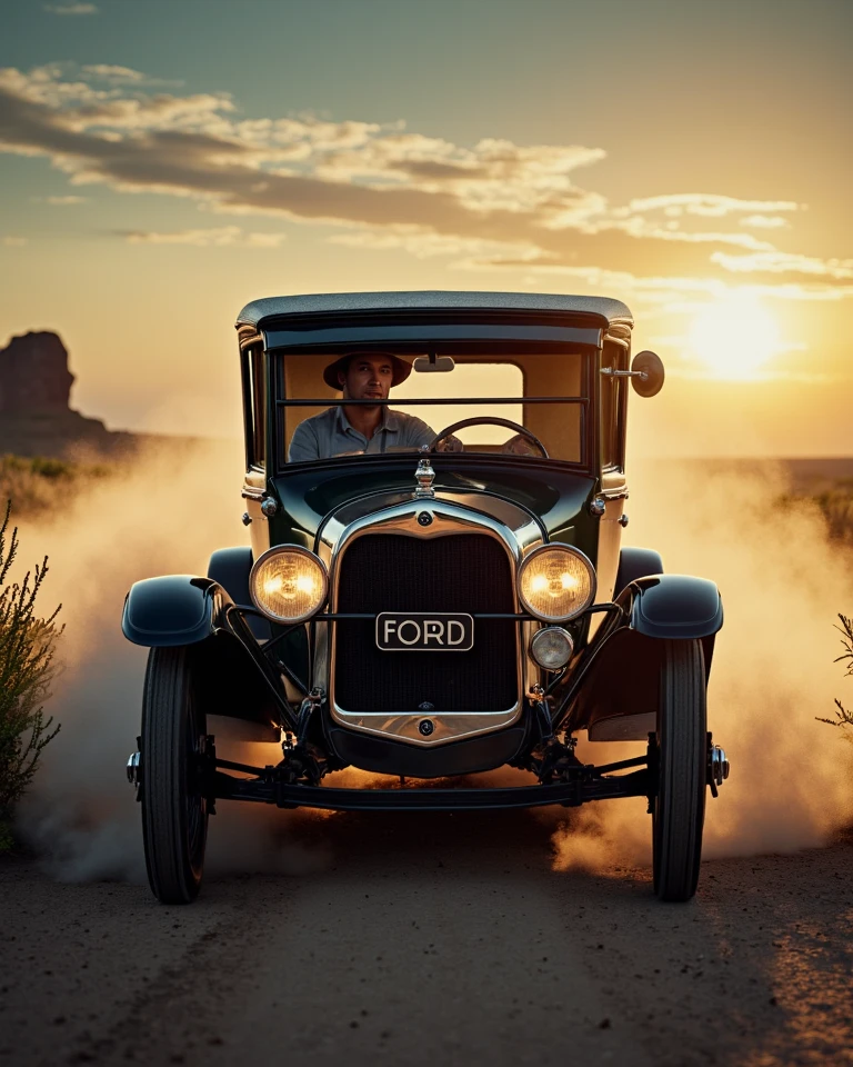 ((( best quality 8k, 32k resolution ))), best realistic work, Score 9 , score 8, Score 7 , Masterpiece, Ultra surreal, very detailed, imagen ,imagen de un ford t de 1920 conducido por un hombre con traje negro y sombrero de copa