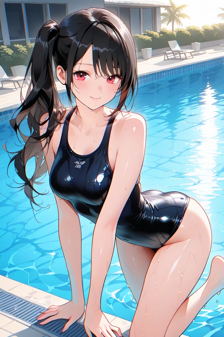 super detailed face, detailed female genitalia, school swimwear, long black hair, small breasts, blush, smile, white high leg, white swimsuit, my whole body was damp, watery, bus, bustub, erect nipples