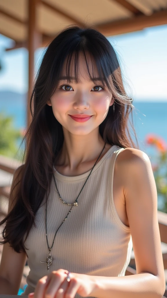 (RAW Photos, Highest quality), (Realistic, Photorealistic:1.3), masterpiece, Very delicate and beautiful, Soft Light, Beautiful detailed girl, 1 girl, Japanese, Pure beauty, smile, Beach