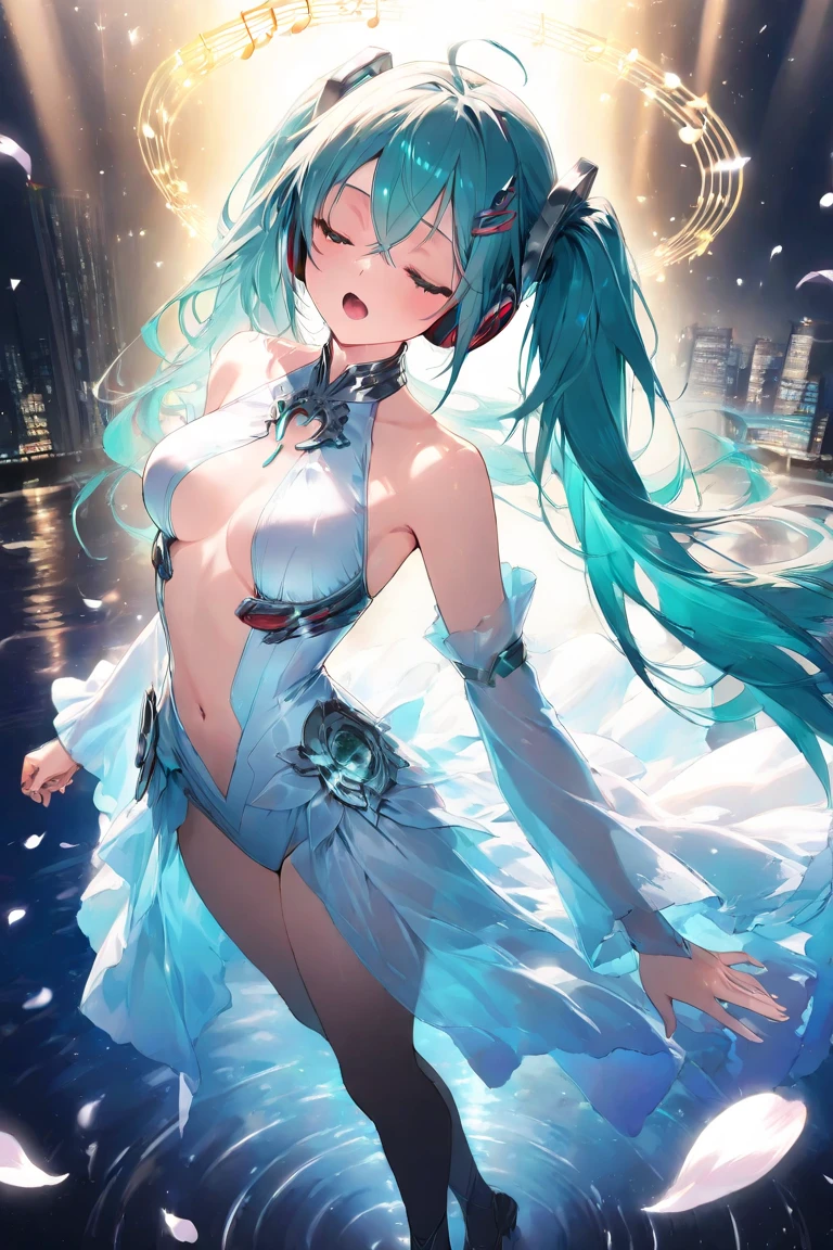 (quality)), ((masterpiece)), Recommended results、1 girl, solo, big breast, Puffy nipples、(see through:1.5)、straighten your back、abdominal muscles、huge bust、angle to floor:1.2、low camera angle、Hair loss on crotch,Hatsune Miku,super detailed)), (Very detailed的CG插画), ((extremely delicate and beautiful)),(1 white transparent mechanical girl)),alone,whole body,(Machine made joints:1.2),((mechanical limbs)),(Flashing blood vessel points connected to tubes),(Mechanical vertebrae attached to the back,with flowing glitter.),((Flowing rainbow fixed around neck)),perfect round face,(wires and cables attaching to neck:1.2),(Rainbow wires and cables on the head:1.2)(Character focus),,Very detailed,colorful,most detailed,yellow ceramic skin, (((rainbow colorful long hair)))